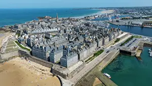 Attractions Prints: Aerial view captures the walled city and coastal beauty of Saint-Malo in Brittany France