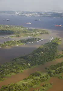 Manaus Prints: Aerial view of cargo ships on the Rio Negro, Manaus, Amazonas, Brazil, South America