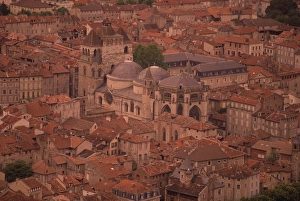 Cahors Prints: Aerial view over cathedral and old town, Cahors, Lot, Midi Pyrenees, France, Europe