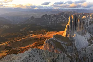 Aerial view of Catinaccio Group (Rosengarten) at sunset, Dolomites, South Tyrol, Italy
