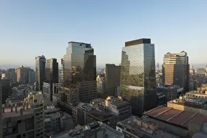 Chilean Prints: Aerial view of Central Santiago City at dawn from Apartment block rooftop