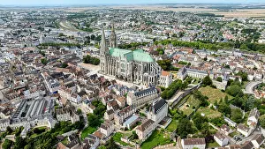 Roads Prints: Aerial view of Chartres Cathedral and surrounding city area in France during daylight hours