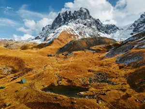 Kazbegi Prints: Aerial view of Chaukhi Lake and Mount Chaukhi, Juta Valley, Kazbegi, Georgia (Sakartvelo)