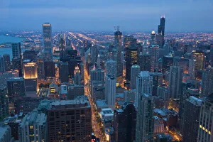 Illumination Prints: Aerial view of Chicago at dusk, looking south, Chicago, Illinois, United States of America
