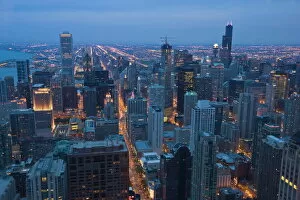 Images Dated 11th May 2008: Aerial view of Chicago at dusk, looking south, Chicago, Illinois, United States of America