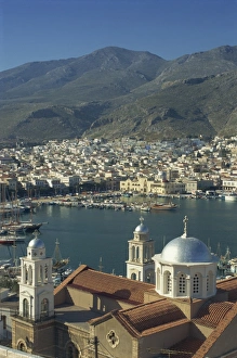 Kalimnos Prints: Aerial view over church, and beyond, the harbour and town of Kalimnos, Kalimnos Island