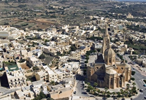Maltese Prints: Aerial view of church of Ghajnsielem, Mgarr, Gozo Island, Malta, Europe