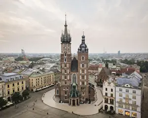 Basilicas Prints: Aerial view of The Church of Saint Mary in Rynek Glowny (Market Square), UNESCO World