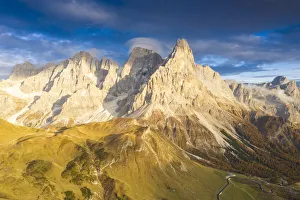 Mountain Pass Prints: Aerial view of Cimon della Pala during the autumn sunset, Pale di San Martino, Rolle Pass