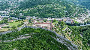Walls Prints: Aerial view of the citadel of Besancon showing walls and surrounding landscape in France during daytime