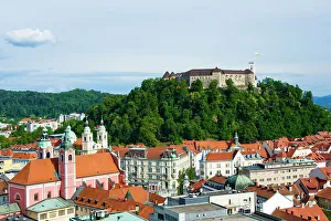 Slovenia Prints: An aerial view of the city centre and Castle Hill, Ljubljana, Slovenia, Europe