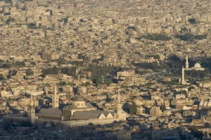 Damascus Prints: Aerial view of city including the Umayyad Mosque