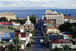 Descend Prints: Aerial view of the city, Punta Arenas, Magallanes, Patagonia, Chile, South America