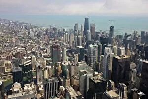Aerial view of city skyline and Lake Michigan, looking North, Chicago, Illinois