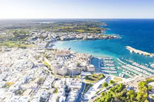 Salento Prints: Aerial view of the coastal town of Otranto washed by the turquoise sea, Salento