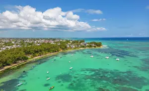 Cap Malheureux Prints: Aerial view of coastline, beach and turquoise water at Cap Malheureux