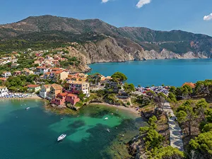 Aerial view of coastline near Zola, Kefalonia, Ionian Islands, Greek Islands, Greece, Europe