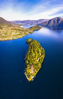 Lake Como Prints: Aerial view of Comacina Island in autumn, Lake Como, Lombardy, Italian Lakes, Italy