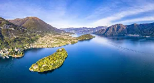 Lake Como Prints: Aerial view of Comacina Island and Tremezzina in autumn, Lake Como, Lombardy