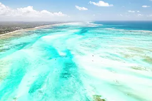 Lagoons Prints: Aerial view of coral reef in the blue lagoon during low tide Paje