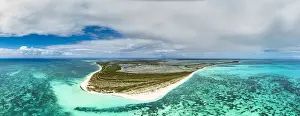 Aerial view of coral reef in the crystal clear sea and tropical lagoon, 11 Mile Beach, Barbuda, Antigua and Barbuda, West Indies, Caribbean, Central America