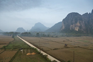 Vang Vieng Prints: Aerial view of the countryside around Vang Vieng, Laos, Indochina, Southeast Asia, Asia