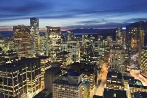 Aerial view of downtown at night, Vancouver, British Columbia, Canada, North America
