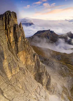 Belluno Prints: Aerial view by drone of autumn sunset over Lastoi De Formin, Mondeval and Monte Pelmo
