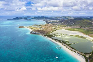 Aerial view by drone of Darkwood Beach and tropical lagoon, Antigua, Leeward Islands