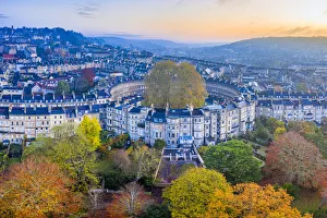 Aerial view by drone over the Georgian housing of The Circus, UNESCO World Heritage Site