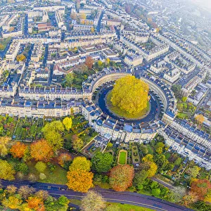 Aerial view by drone over the Georgian housing of The Circus, UNESCO World Heritage Site