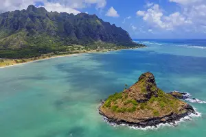 Aerial view by drone of Kaneohe Bay and Mokolii island (Chinamans Hat), Oahu Island