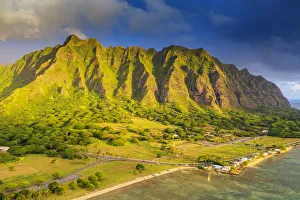Drone Shot Prints: Aerial view by drone of Kaneohe Bay sea cliffs, Oahu Island, Hawaii