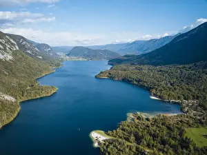 Drone Shot Prints: Aerial view by drone of Lake Bohinj, Triglav National Park, Upper Carniola, Slovenia