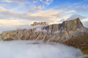 Belluno Prints: Aerial view by drone of mist at sunset over Lastoi De Formin