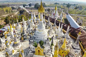Aerial view by drone of pagodas, Inle Lake, Shan state, Myanmar (Burma), Asia