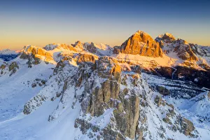 Drone Shot Prints: Aerial view by drone of snow capped Ra Gusela, Nuvolau, Averau and Tofane, Giau Pass