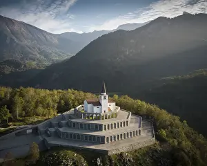 Aerial view by drone of St. Anthonys Sanctuary Caporetto Memorial, Kobarid, Goriska