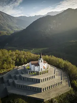 Drone Shot Prints: Aerial view by drone of St. Anthonys Sanctuary Caporetto Memorial, Kobarid, Goriska