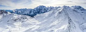 Drone Shot Prints: Aerial view by drone of Stelvio Pass road and snowy Ortles mountain, Sondrio province