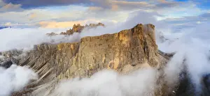 Drone Shot Prints: Aerial view by drone of sunset over Lastoi De Formin and Cima Ambrizzola in a sea of