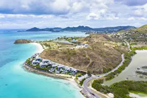 X Printready Prints: Aerial view by drone of Tamarind Hills luxury hotel ocean front and Ffryes Bay, Antigua