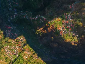 Altitude Prints: Aerial view from Eira do Serrado shows valleys and mountains at sunset over Curral das Freiras in Madeira region