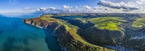 Aerial view over Exmoor National Park coastline, Lynton and Lynmouth, North Devon