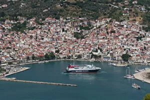 Greek Islands Gallery: Aerial view of ferry in harbour, Skopelos, Sporades, Greek Islands, Greece, Europe