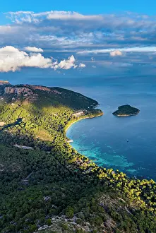 Mallorca Prints: Aerial view of Formentor peninsula in Mallorca shows coastlines and blue waters