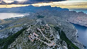 Parks Prints: Aerial view of Formentor peninsula with Port de Pollenca in background in Mallorca Balearic islands Spain
