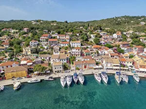 Docked Prints: Aerial view of Gaios, the main port and harbour on the island of Paxos
