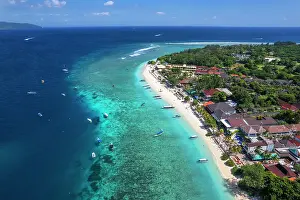 Lombok Prints: Aerial view of Gili Trawangan beach with boats anchored in the ocean