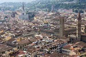 Duomo Prints: Aerial view from Giotto belltower of Duomo and Basilica of Santa Croce, Florence